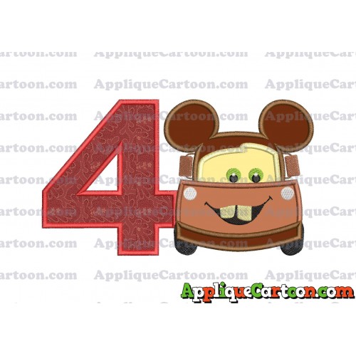 Tow Mater Ears Cars Disney Mickey Mouse Cars Applique Design Birthday Number 4