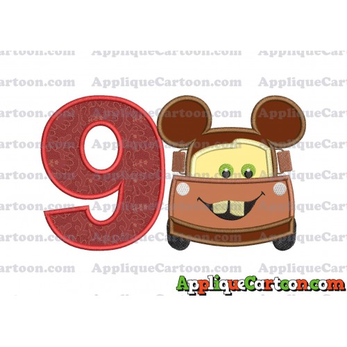 Tow Mater Ears Cars Disney Mickey Mouse Cars Applique Design Birthday Number 9