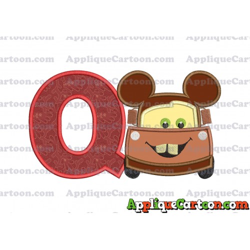 Tow Mater Ears Cars Disney Mickey Mouse Cars Applique Design With Alphabet Q