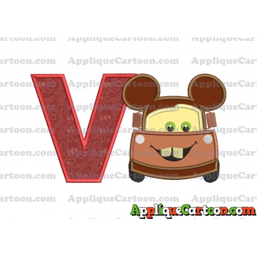 Tow Mater Ears Cars Disney Mickey Mouse Cars Applique Design With Alphabet V