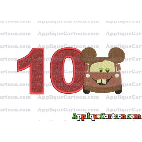 Tow Mater Ears Cars Disney Mickey Mouse Cars Fiiled Embroidery Design Birthday Number 10