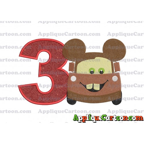Tow Mater Ears Cars Disney Mickey Mouse Cars Fiiled Embroidery Design Birthday Number 3