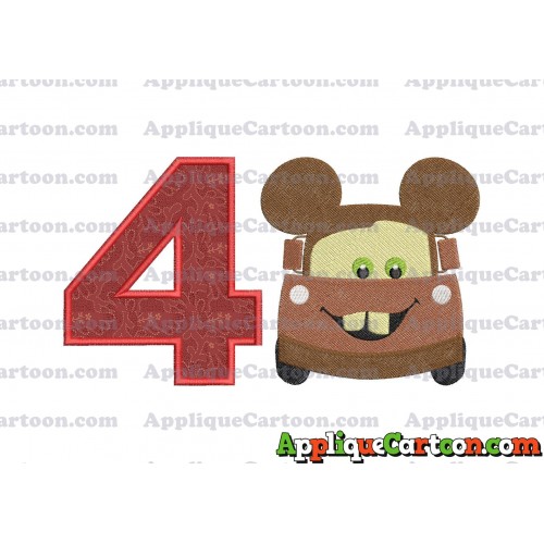 Tow Mater Ears Cars Disney Mickey Mouse Cars Fiiled Embroidery Design Birthday Number 4