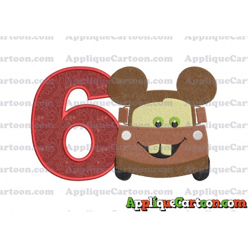 Tow Mater Ears Cars Disney Mickey Mouse Cars Fiiled Embroidery Design Birthday Number 6